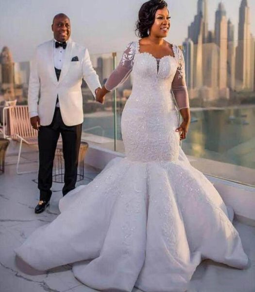 

south african long sleeve mermaid wedding dresses lace appliques plus size sheer neck bridal gowns see through back long wedding v8669747, White