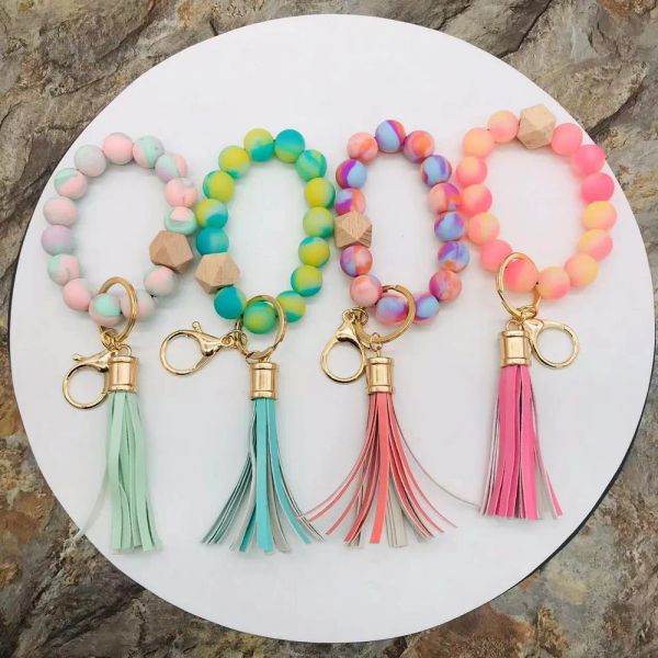 

handmade stretched spring rainbow silicone beads bangle keychains pu leather tassel wristlet bracelet keyrings for 2022, Silver