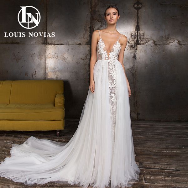 

2 in 1 mermaid wedding dress 2023 spaghetti straps applique detachable train sparkling tulle dress for bride vestidos de novia, White