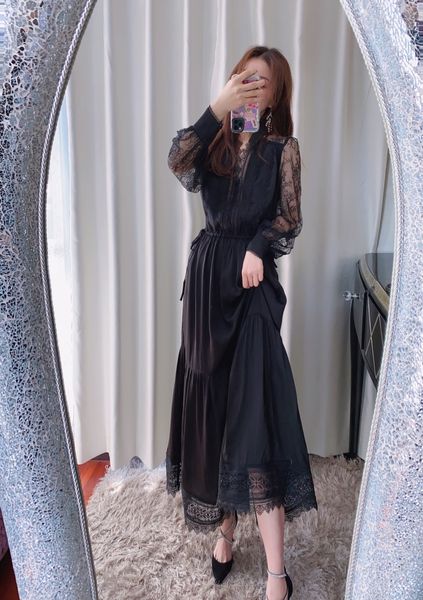 

auto s-elf portrait black drawstring long sleeve lace panel dress, Black;gray