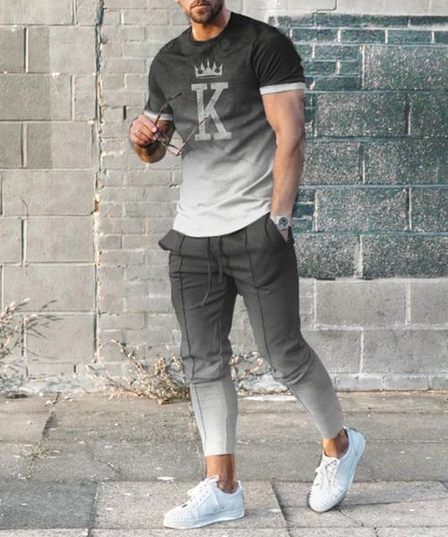 

men s tracksuits summer sets gradient colortrend short sleeve t shirt trousers 2pcs suits 3d print oversized clothing streetwear joogers 230, Gray