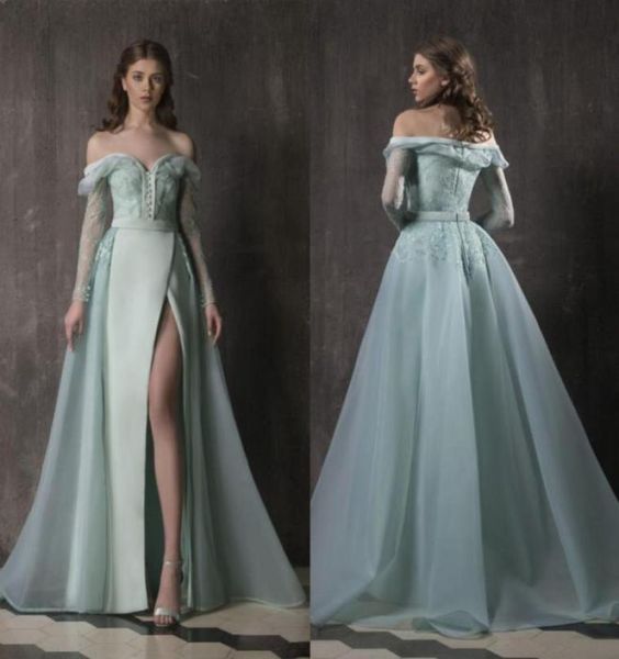 

sage long sleeves lace prom dresses off the shoulder overskirt side split formal dress a line floor length organza evening gowns5880226, Black