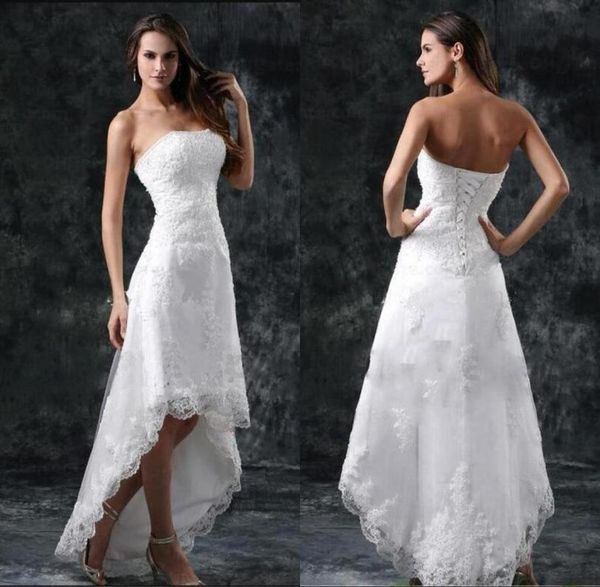 

2022 wedding dresses strapless appliques lace high low little white ivory lace up back summer beach short bridal gowns2613930