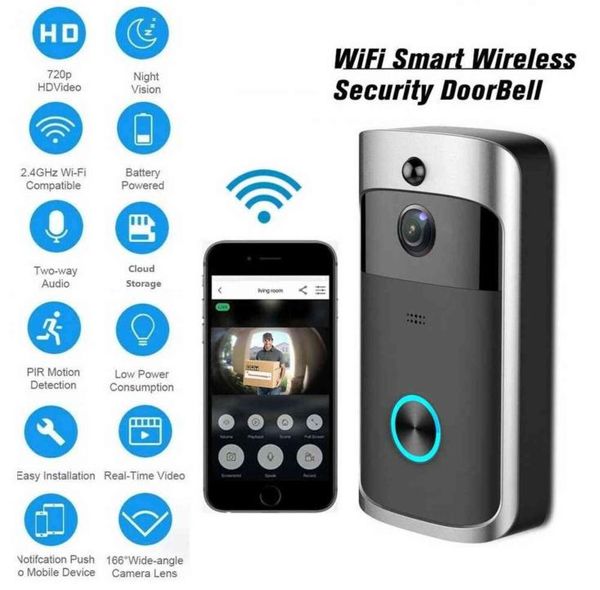 

wifi wireless video doorbell camera with chime smart security night vision pir phone intercom door bell ring kit alarm for home h14893605