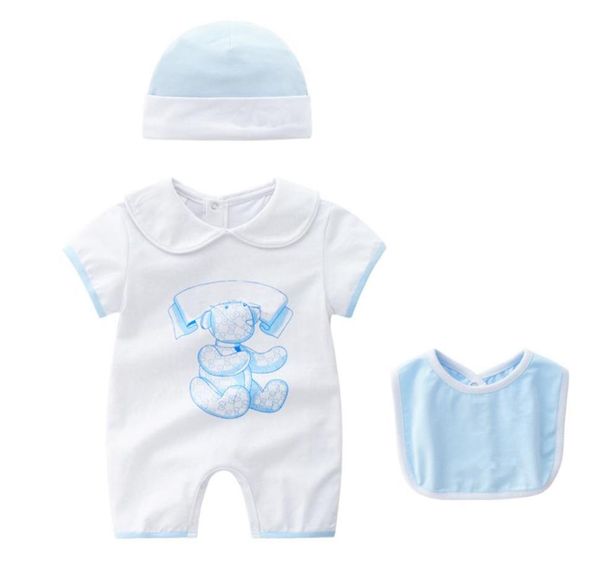 

summer 3 pcs fashion newborn baby clothes shortsleeved cotton toddler baby boy girls romper bibs and hat set 024m2251554, Blue