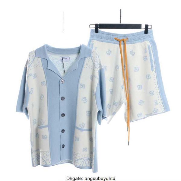 

designer clothing short casual rhude cashew flower knitted white blue contrast set shorts short couples joggers sportswear loose joggers spo, White;black