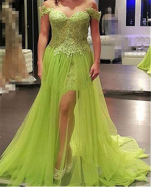 

tulle off the shoulder neckline aline evening dresses with lace appliques green front slit prom dress graduation dresses vestido 2826750, Black