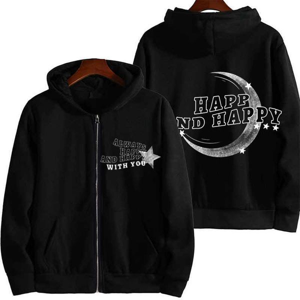 

new happy 2023 star moon printed zipper sweater sexless oversize hoodie street trendy coat, Black