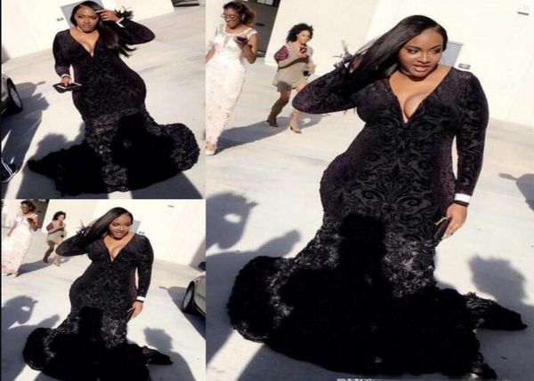 

2020 black plus size prom dresses deep v neck long sleeves lace velvet evening gowns south african sweep train formal party d6507885, Black;red