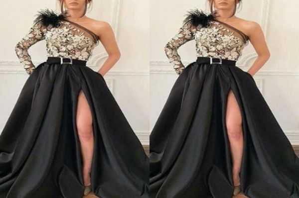 

modern one shoulder black satin a line evening gown long sleeve appliques front split long prom dresses for special occasion wear5260545, Black;red