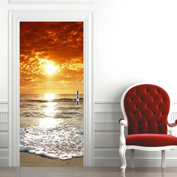 

parkas sunset blue sky door stickers selfadhesive beach scenery sea mural for whole door wrap mural cover wallpaper sticker waterproof, Black