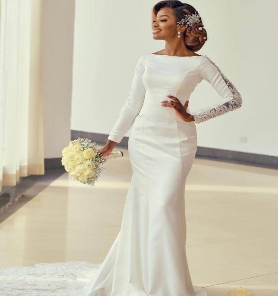 

2020 arabic aso ebi gorgeous lace beaded wedding dresses mermaid long sleeves bridal dresses satin wedding gowns zj2246083052, White