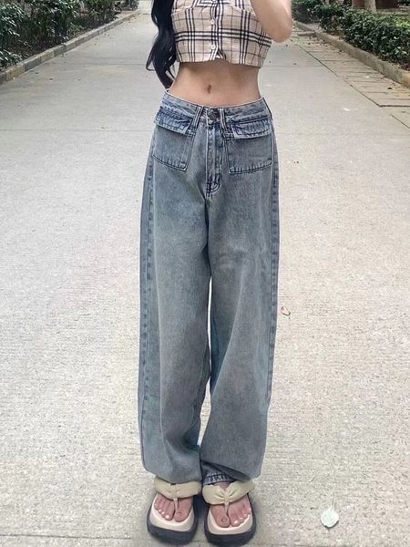 

women s jeans high street vintage wash jeans for women summer denim joggers high waisted american loose casual straight pants 230628, Blue
