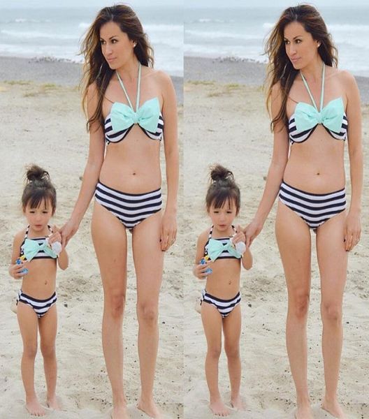 

monther and daughter swimwear 2018 halter twopieces bikini set bandage striped family swimwear parentchild swimsuit family l3349801, Blue