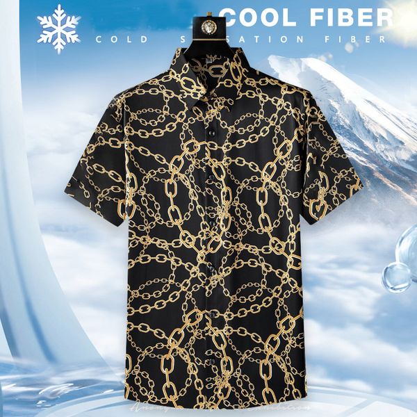 

men s dress shirts chain printed short sleeve shirt 230629, White;black