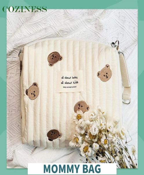 

mommy single shoulder bag zipper embroidery cute bear print creamy color mom bag outing baby stroller diaper bags simple style 2202014185