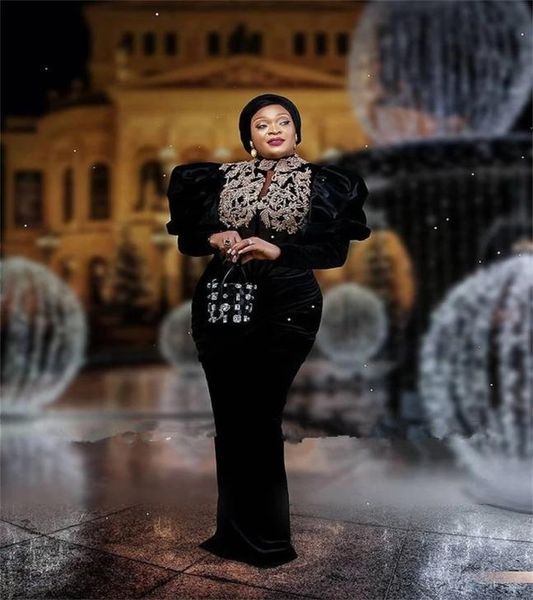 

vintage black velvet mermaid formal evening dresses for arabic women long sleeves gold lace plus size aso ebi style prom pageant g8204836, Black;red