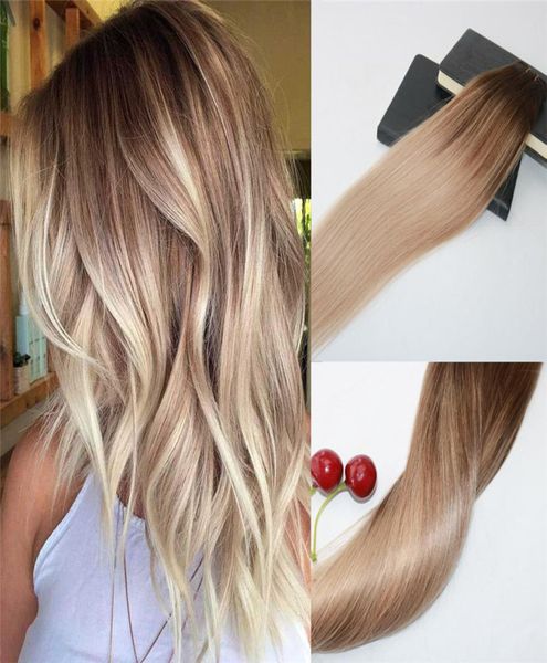 

factory whole omber hair extensions color 4 fading to 18 highlights remy human hair weft slik straight weave extensions 100g4687316, Black