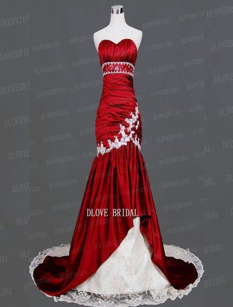 

vintage dark red white mermaid wedding dress strapless sweetheart ruched beaded lace appliques bridal dresses colorfu8308588