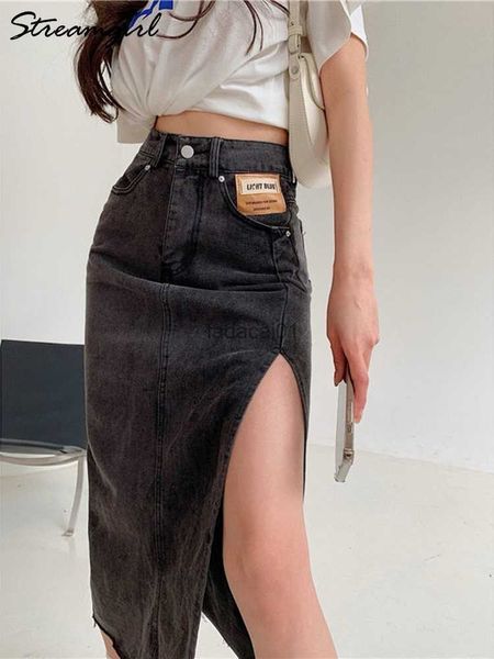 

streirl maxi jeans skirt women denim long skirts summer 2023 vintage maxi skirt side split denim skirt women long korean l230621, Black