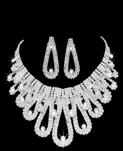 

romantic pearl designer jewelry with crystal two pieces earrings necklace rhinestone wedding bridal sets jewelry set1437757, White