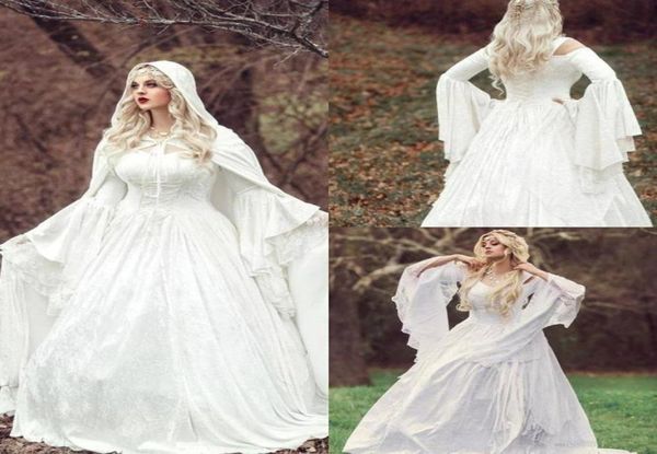 

2020 vintage gothic wedding dresses satin lace a line sweep train bohemian wedding dress custom made long sleeve bridal robes de m6446374, White