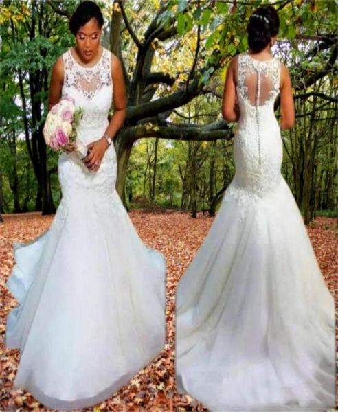 

mermaid lace wedding dresses modest plus size sleeveless trumpet gowns sweep train tulle african bridal dress custom made2469264, White