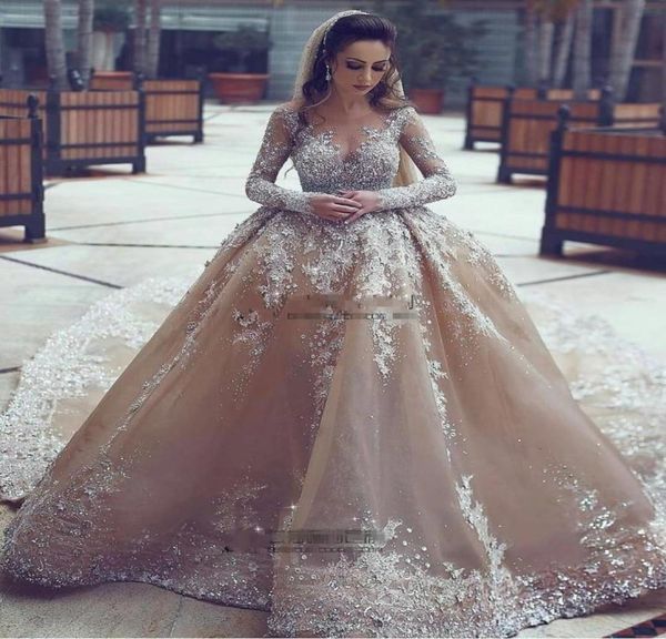 

sparkly ball gown wedding dresses sheer neck sequins beaded tulle long sleeves backless wedding gowns plus size bridal dresses dh43493464, White