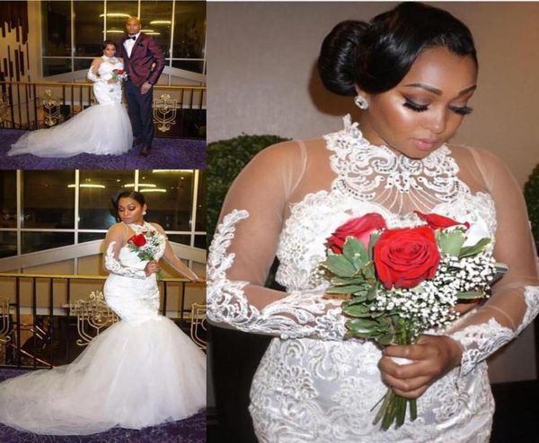 

modest african plus size high neck wedding dresses lace appliques beads sheer long sleeves tulle mermaid bridal gowns vestidos de 9788212, White