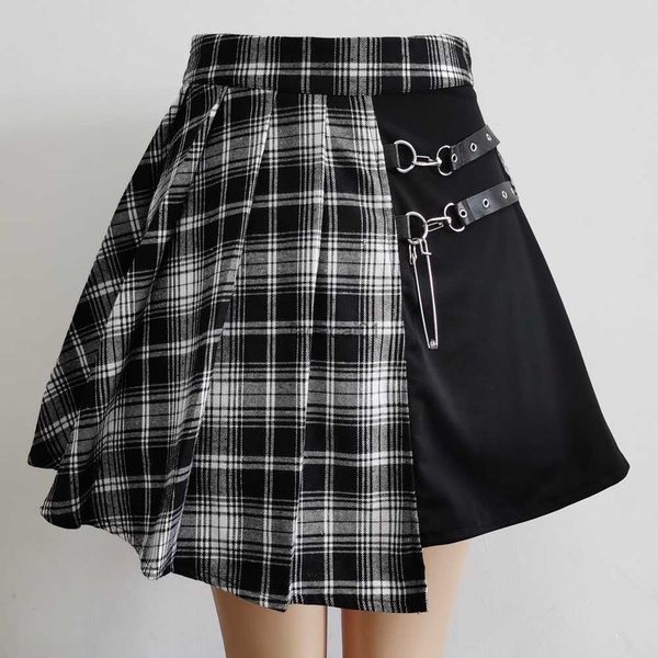 

gothic sweet women pleated skirt fashion plaid mini high waist chic skirt kawaii summer casual ladies plaid pleated skirt l230621, Black