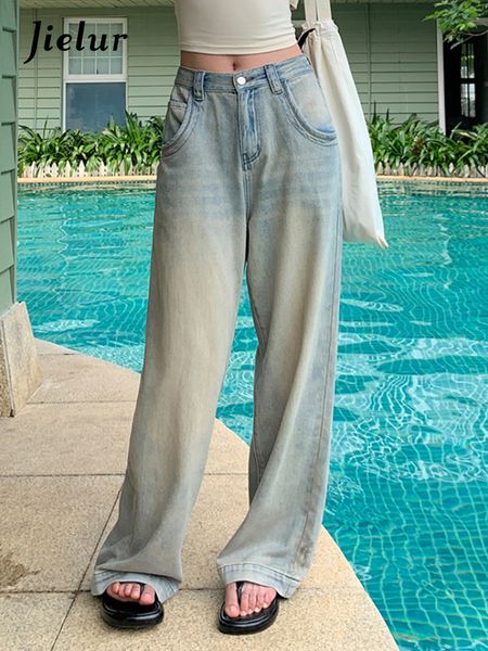 

women s jeans jielur vintage washed straight loose summer full length casual female wide leg pants simple basic fashion office lady 230628, Blue