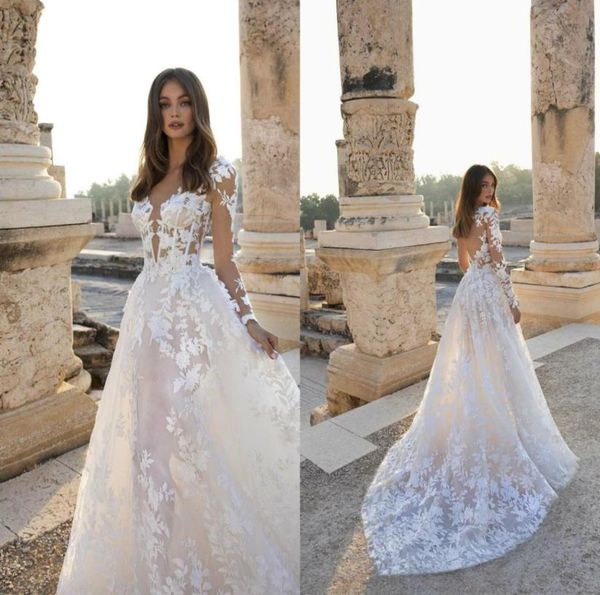 

new arrival flora bride simple a line wedding dresses jewel long sleeve hollow lace applique wedding gowns sweep train robe de mar7169685, White