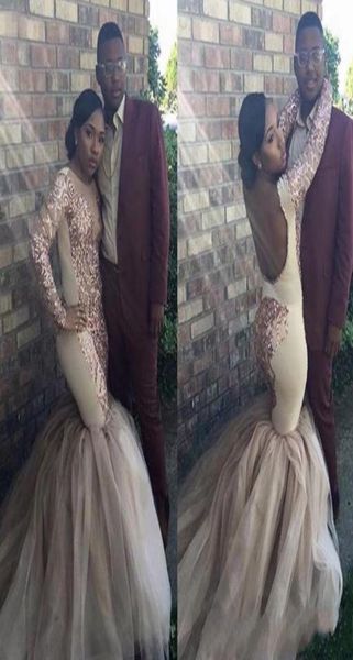 

open back prom dresses mermaid sequined long sleeves ruched tulle red carpet evening gowns fashion african party dresses bc074690963, Black