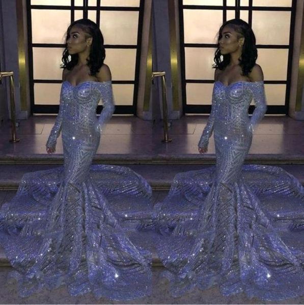 

black girl silver sequins offtheshoulder mermaid prom dresses long sleeves sweep train reflective evening gowns bc33066786099