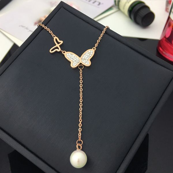 

luxury design white zircon butterfly necklace with pearl tassel, Silver