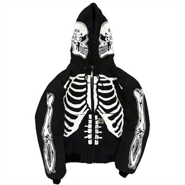 

2022 new men's spring and autumn 3d printing skull hooded sweater zipper cardigan, Black