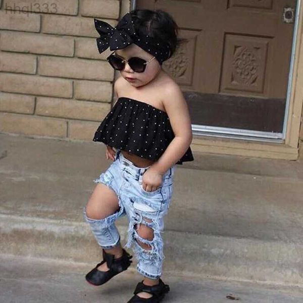 

2pcs toddler kids baby girls clothing set summer sleeveless dot jeans denim outfits girls clothes set, White