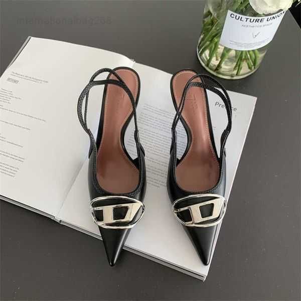 

die high-heeled shoes women's thin heels spring shallow metal buckle back hollow pointed sandals 230209 1, Black