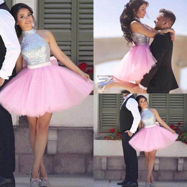 

new halter high neck sequined short homecoming dresses 2018 pink tulle puffy skirt mini cocktail party gowns for girls ba78314668495, Blue;pink