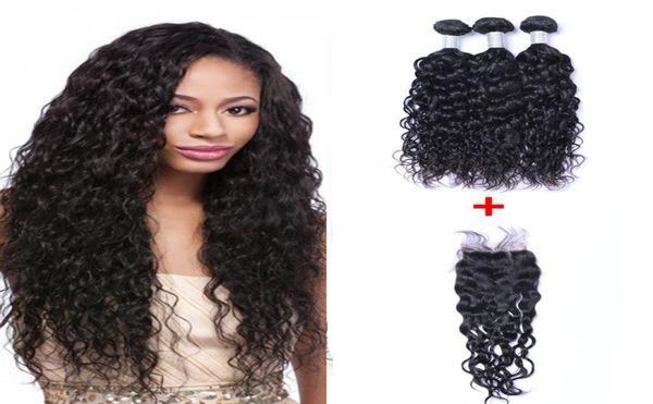 

brazilian natural wave human virgin hair weaves with 4x4 lace closure bleached knots 100gpc double wefts hair extensions2063524, Black;brown