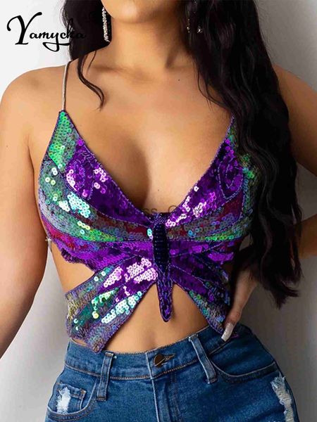 

party dresses halter sequin butterfly corset y2k crop women summer club womens backless party vintage clothes tank x0629, White;black