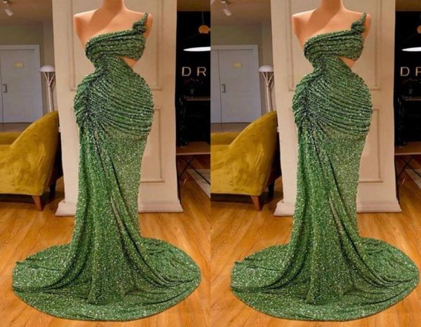 

2020 green mermaid prom dresses lace glitter beads one shoulder high side split evening dress tiered skirts ruffles robe de s6355676, Black