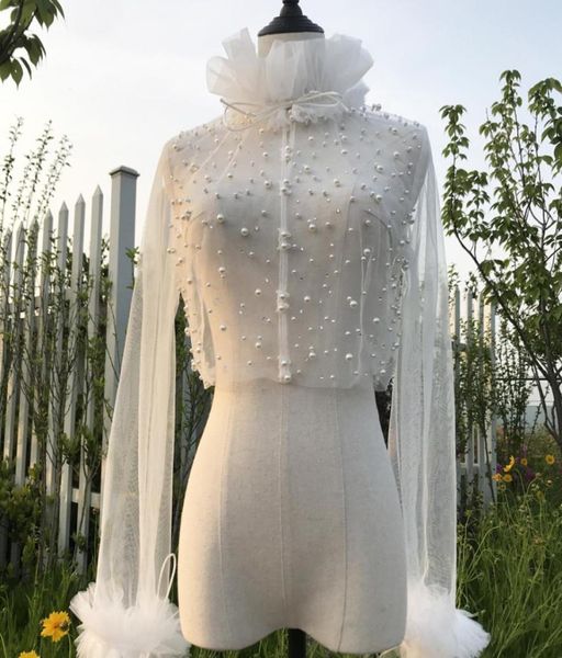 

pearls vintage bolero bridal wraps and jackets tulle long sleeve8962851, White