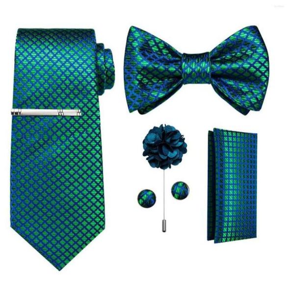 

bow ties teal blue plaid for men self tie set pocket square cufflinks clips brooch pin wedding party bowknot neck2487773, Black;gray