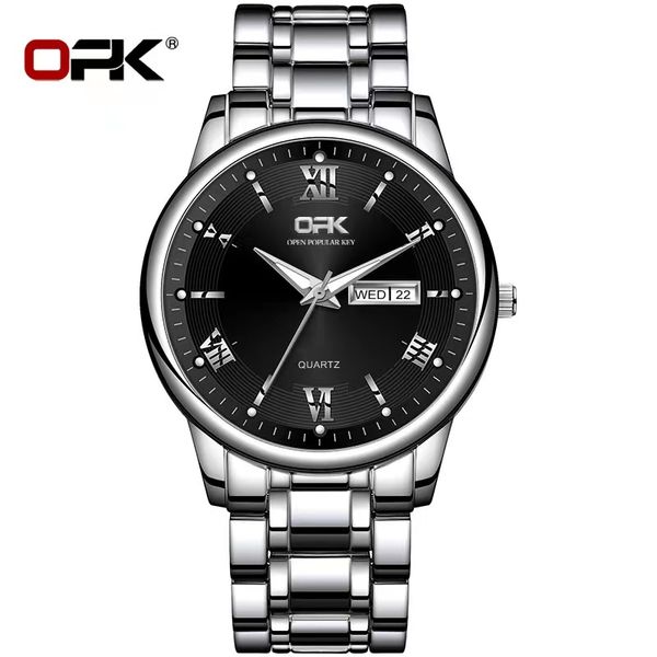 

opk men's business glow double calendar quartz watch men's watch 40mm, Slivery;brown