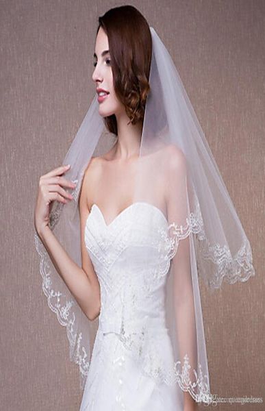 

new in stock elbow length 2 layers bridal veil with lace applique tulle wedding veils ivory white for wedding events online4228890, Black