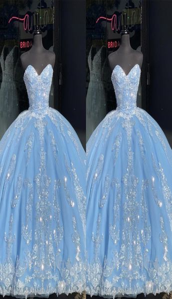 

bling ivory sequins applique prom quinceanera dresses light sky blue strapless corset backless princess formal dress evening sweet9897913, Blue;red