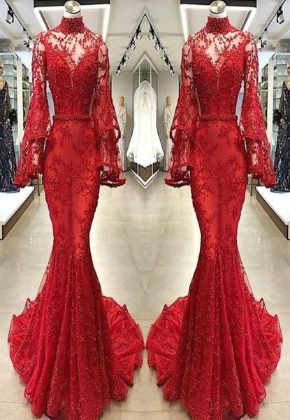 

red lace mermaid evening dresses illusion poet long sleeves high neck appliqued beaded long party pageant gowns prom dress1125682, Black;red