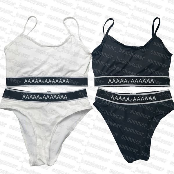 

high waist bikinis set women split swimsuit letters printed bathing suit sling vest bikini set, White;black