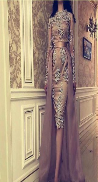

gorgeous yousef aljasmi kim kardashian sheath prom dresses tea length with detachable overskirt sheer long sleeves lace beaded eve5247087, Black